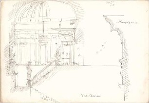 ohne Verfasserangabe; Italien; Palazzo Corsini, Dom in Como; Casa di Livia; Santa Maria Nuova - Palazzo Corsini, Treppenaufgang u. Hauptgesims (Ansicht m. Schnitt, Schnitt)