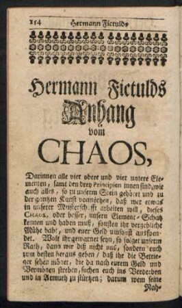Hermann Fictulds Anhang vom Chaos ...