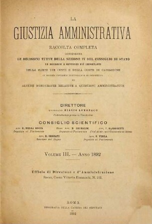 La giustizia amministrativa : raccolta periodica mensile di giurisprudenza, dottrina e legislazione in materia di diritto amministrativo e finanziero. 3. 1892