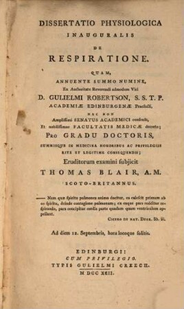 Diss. physiol. inaug. de respiratione