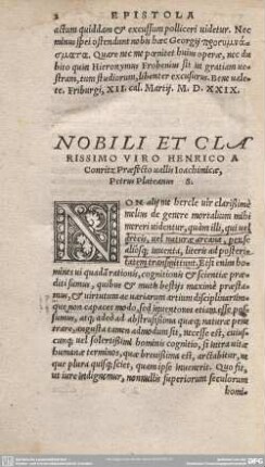 Nobili et clarissimo viro o henrico a Conritz Praefecto ullais Ioachimicae Petrus Plateanus.