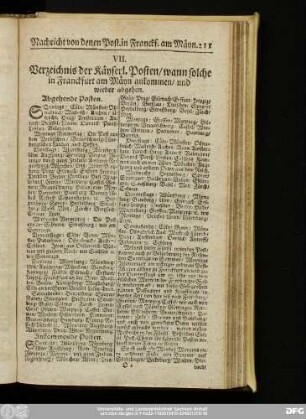 VII. Verzeichnis der Käyserl. Posten, wann solche in Franckfurt am Mäyn ankommen, und wieder abgehen.