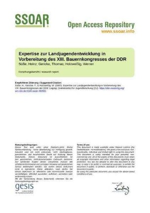 Expertise zur Landjugendentwicklung in Vorbereitung des XIII. Bauernkongresses der DDR