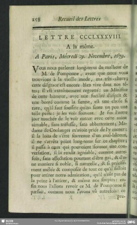 Lettre CCCLXXXVIII. A la même. A Paris, Mécredi 29. Novembre, 1679