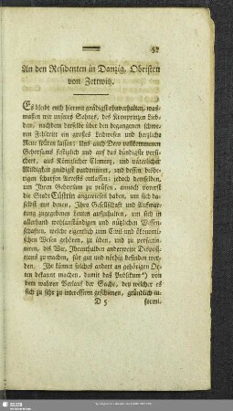 An den Residenten in Danzig, Obristen von Zettwitz