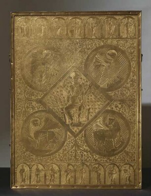 Kreuzreliquiar — Rückseite mit Majestas Domini umgeben von den Evangelistensymbolen, Aposteln und Heiligen