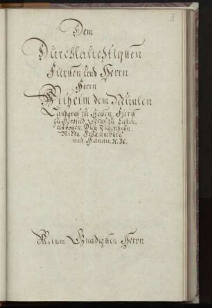 Dedikation an Landgraf Wilhelm IX. (1743-1821)