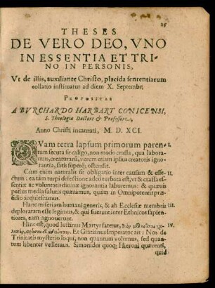 Theses de Vero Deo, Uno In Essentia Et Trino In Personis, Ut de illis, auxiliante Christo, placida sententiarum collatio instituatur ad diem X. Septembr.