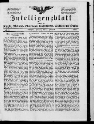Intelligenzblatt zunächst für Rheydt, Gladbach, Odenkirchen, Giesenkirchen, Wickrath und Dahlen. 1856-1859