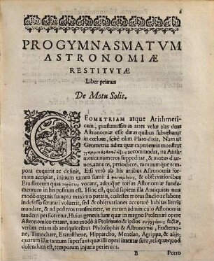 Progymnasmatum astronomiae restitutae liber I. : de motu solis