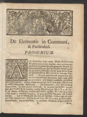 De Elementis in Communi, & Particulari. Prooemium