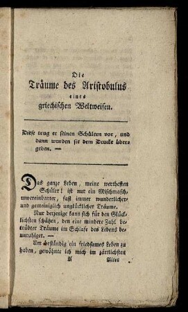 Die Träume des Aristobulus eines griechischen Weltweisen.