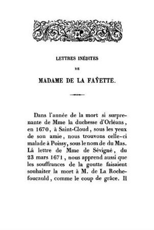 Lettres Inédites De Madame De La Fayette.