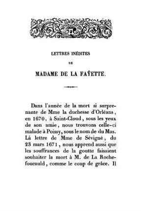 Lettres Inédites De Madame De La Fayette.