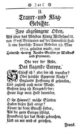 II. Abtheilung. Trauer- und Klag-Gedichte.