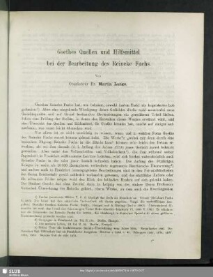 Goethes Quellen und Hilfsmittel bei der Bearbeitung des Reineke Fuchs