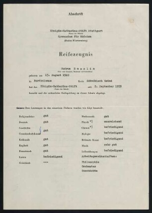 Abschrift: Reifezeugnis 31.3.1960
