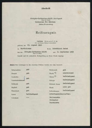 Abschrift: Reifezeugnis 31.3.1960