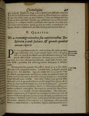 V. Quaestio. De 4. transmigrationibus seu captivitatibus Babylonicis populi Judaici ...