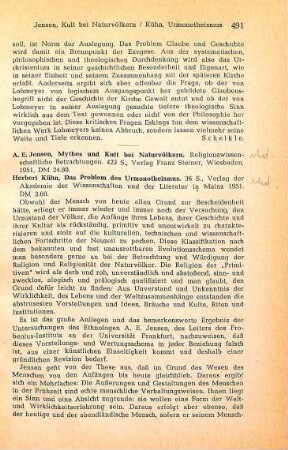 491-492 [Rezension] Jensen, Adolf E., Mythos und Kult bei Naturvölkern