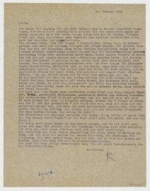 Brief von Raoul Hausmann an Elfriede Hausmann. Limoges. Anlage: Typoskript [Ich bin kein Anhänger des historisch-dialektischen Materialismus] [Limoges] 11.2.1952