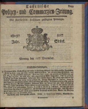 50tes Stueck, Montag den 12ten December 1803