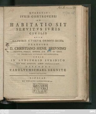 Qvaestio Ivris Controversi An Habitatio Sit Servitvs Ivris Civilis