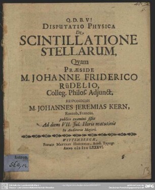 Disputatio Physica De Scintillatione Stellarum