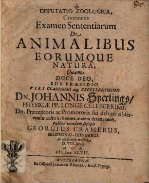 Disp. zool. continens examen sententiarum de animalibus eorumque natura