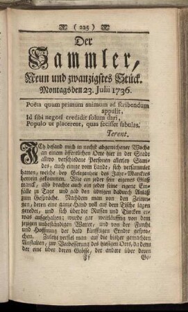 Neun und Zwanzigstes Stück. Montags den 23. Julii 1736.