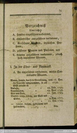 Verzeichniß sämtlicher A. fremder einzuführen verbotener, B. einländischer auszuführen verbotener, C. Accisefreier Waaren, ingleichen Personen, D. zollfreier Waaren und Personen, und E. fremder einzuführen verbotener, jedoch hoch impostirter Waaren