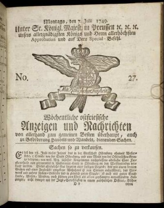 No. 27. Montags, den 7. Julii 1749.