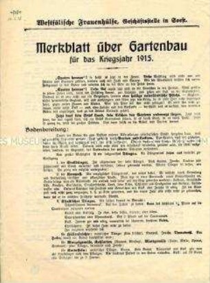 Merkblatt mit Hinweisen für den Gartenbau zur Verbesserung der Versorgungslage im Kriegsjahr 1915