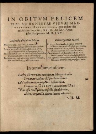 In Obitum ... Viduae Margarethae Obermeierae ...