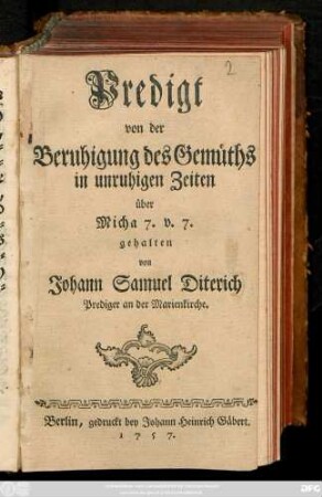 Predigt von der Beruhigung des Gemüths in unruhigen Zeiten über Micha 7. v. 7