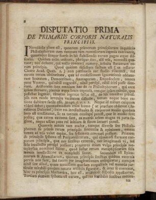 Disputatio Prima De Primariis Corporis aturalis Principiis.