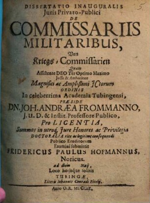 Diss. inaug. iuris priv. publ. de commissariis militaribus, von Kriegs-Commissarien