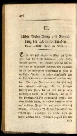 III. Ueber Behandlung und Einrichtung der Wochenbetstunden. Vom Pastor Jesse zu Westen