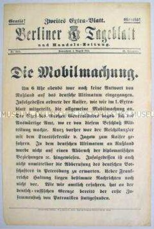 Extra-Blatt des "Berliner Tageblatt" zur Mobilmachung in Deutschland (Zweites Extra-Blatt)