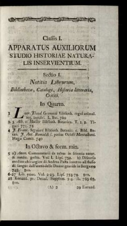 Classis I. Apparatus Auxiliorum Studio Historiae Naturalis Inservientium.