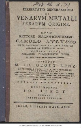 Dissertatio Mineralogica De Venarvm Metalli Ferarum Origine