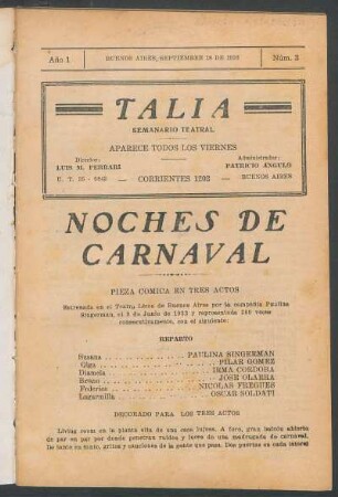 1936000300: Noches de carnaval : pieza cómica en tres actos