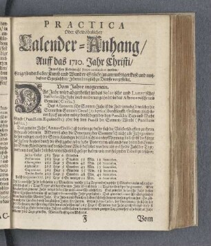 Practica, Oder Gewöhnlicher Calender-Anhang/ Auff das 1710. Jahr Christi
