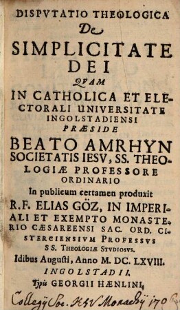 Dispvtatio Theologica De Simplicitate Dei