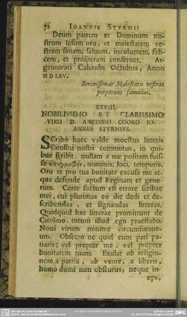 XXVIII. Nobilissimo Et Clarissimo Viro D. Antonio Cooko Ioannes Sturmius