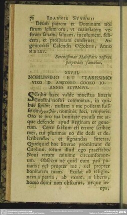 XXVIII. Nobilissimo Et Clarissimo Viro D. Antonio Cooko Ioannes Sturmius