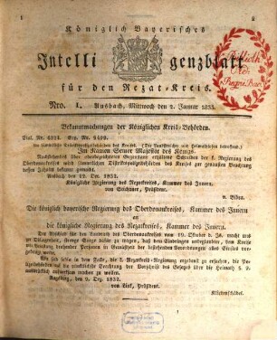 Königlich Bayerisches Intelligenzblatt für den Rezat-Kreis. 1833