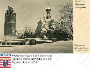 Darmstadt, Künstlerkolonie im Winter mit Hochzeitsturm und russischer Kapelle
