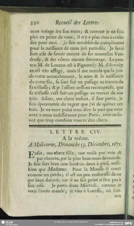 Lettre CIV. A la même. Aux Rochers, Dimanche 13. Décembre, 1671