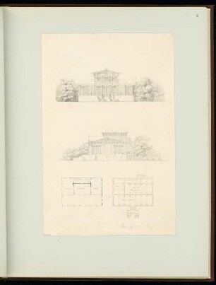 Gesellschaftshaus Monatskonkurrenz August 1849: Grundriss Erdgeschoss, Obergeschoss, Aufriss Vorderansicht, Seitenansicht
